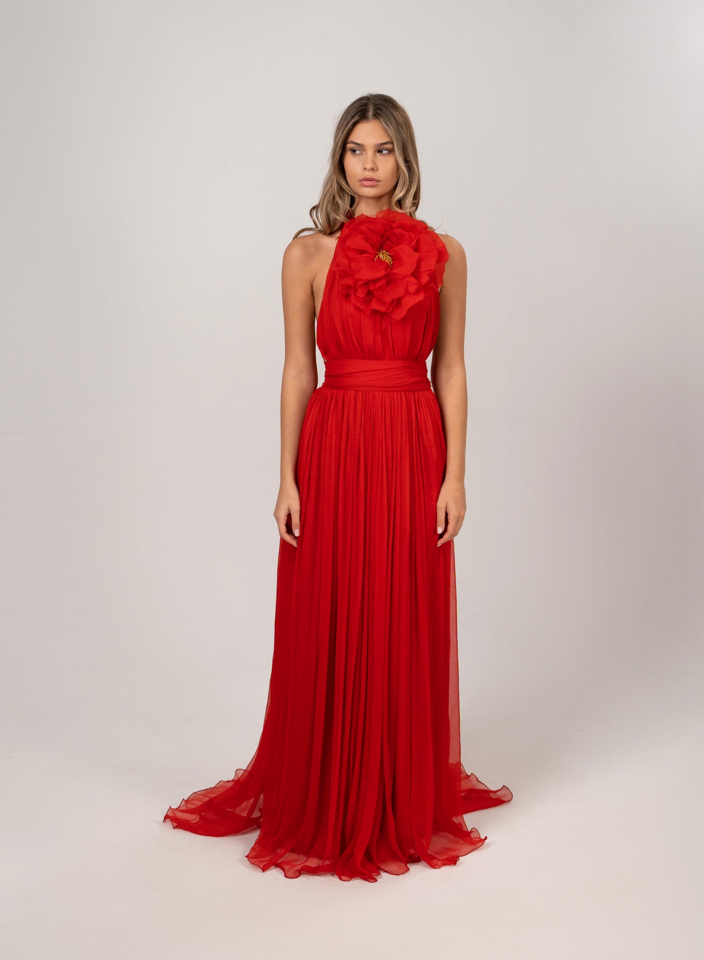 RED HALTER CHIFFON GOWN