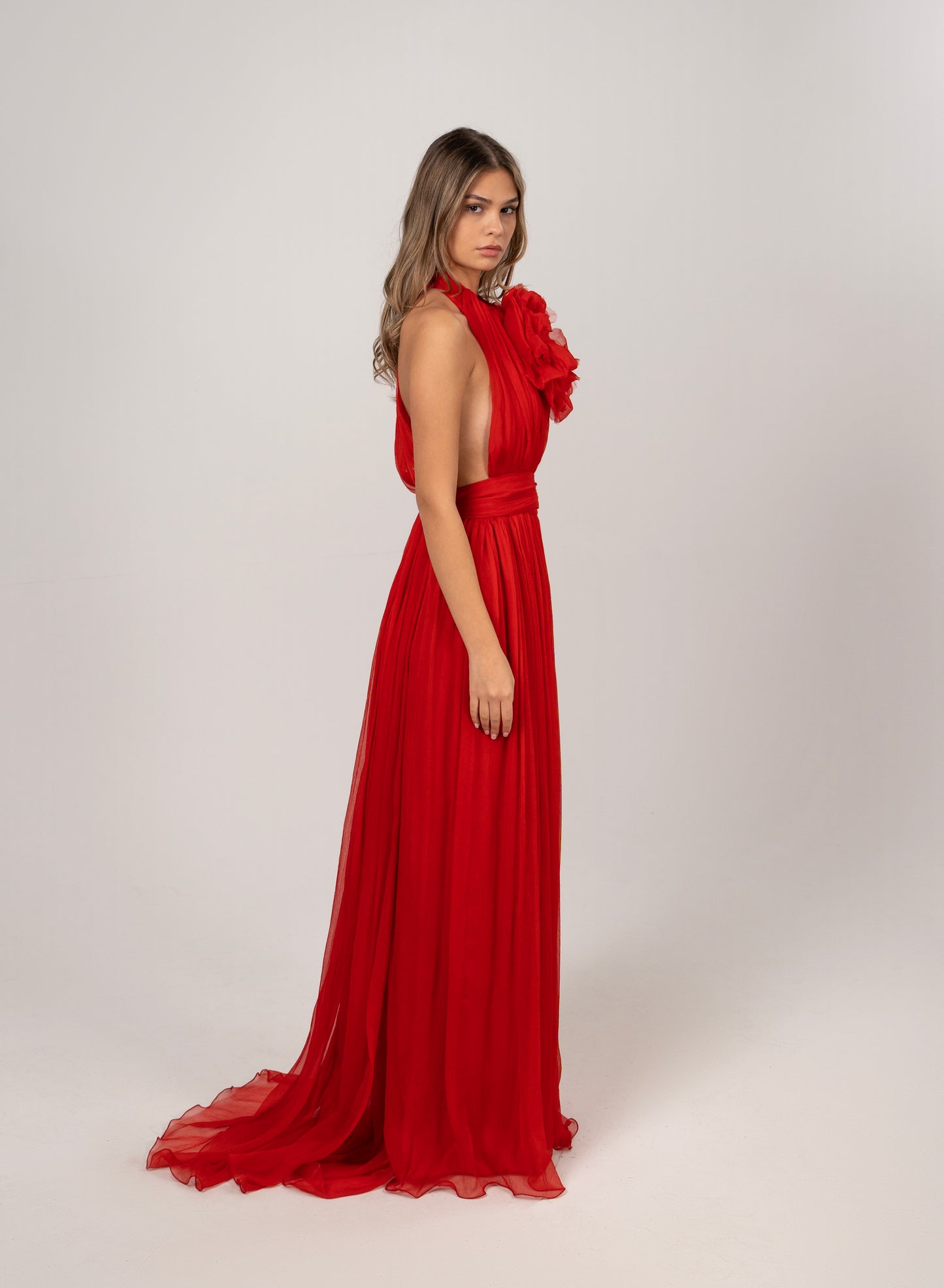 RED HALTER CHIFFON GOWN