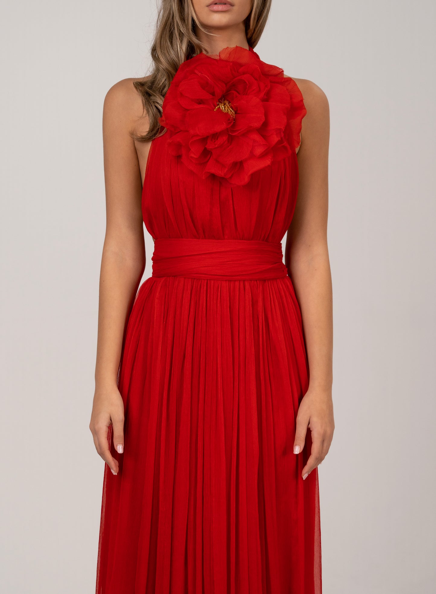 RED HALTER CHIFFON GOWN