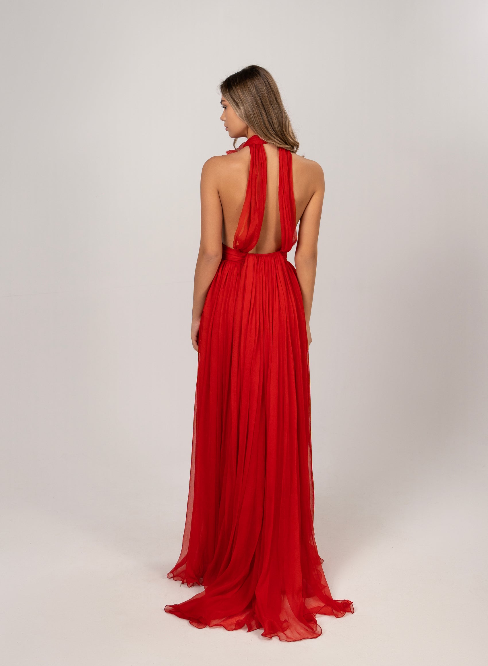 RED HALTER CHIFFON GOWN