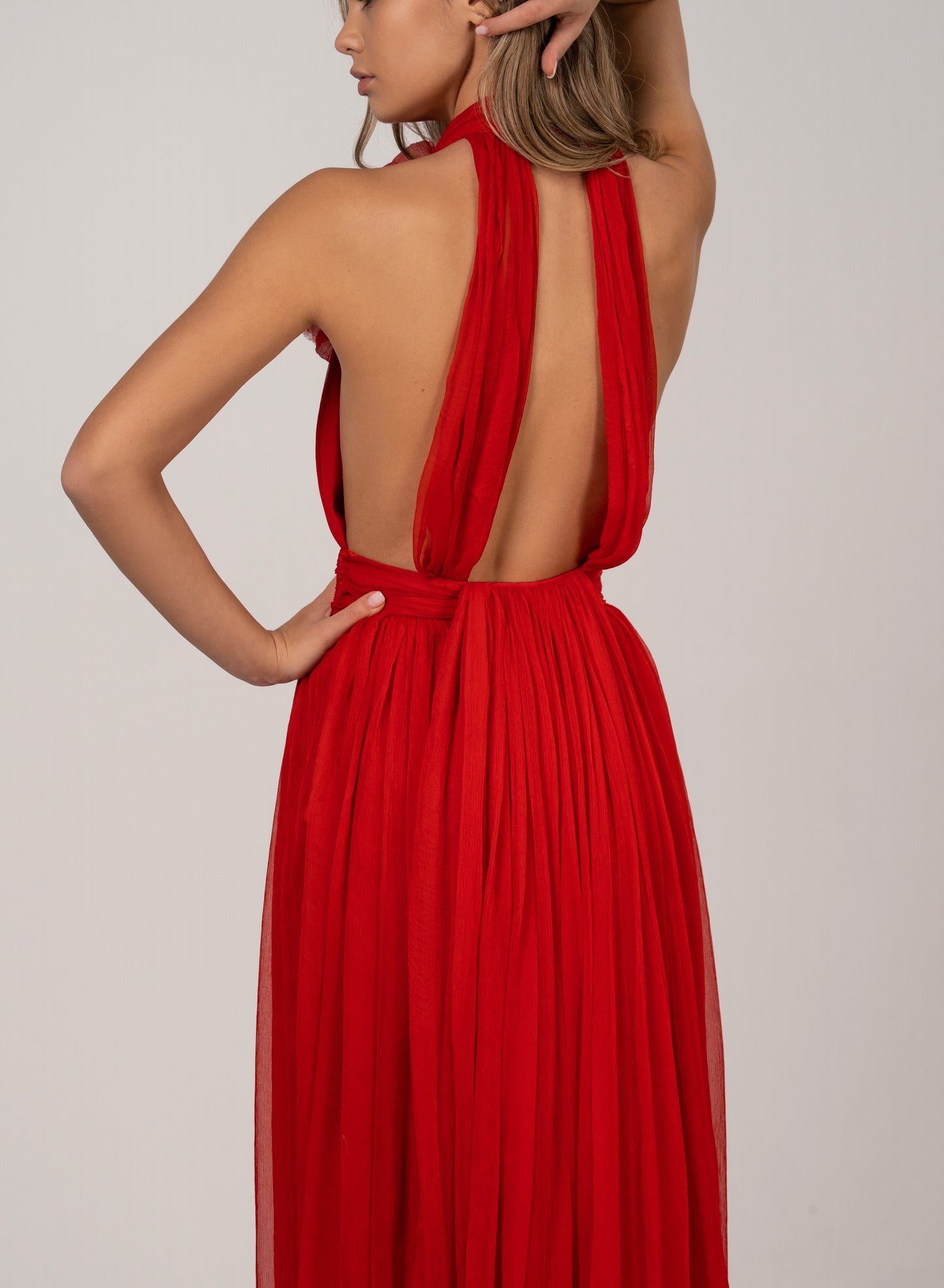 RED HALTER CHIFFON GOWN