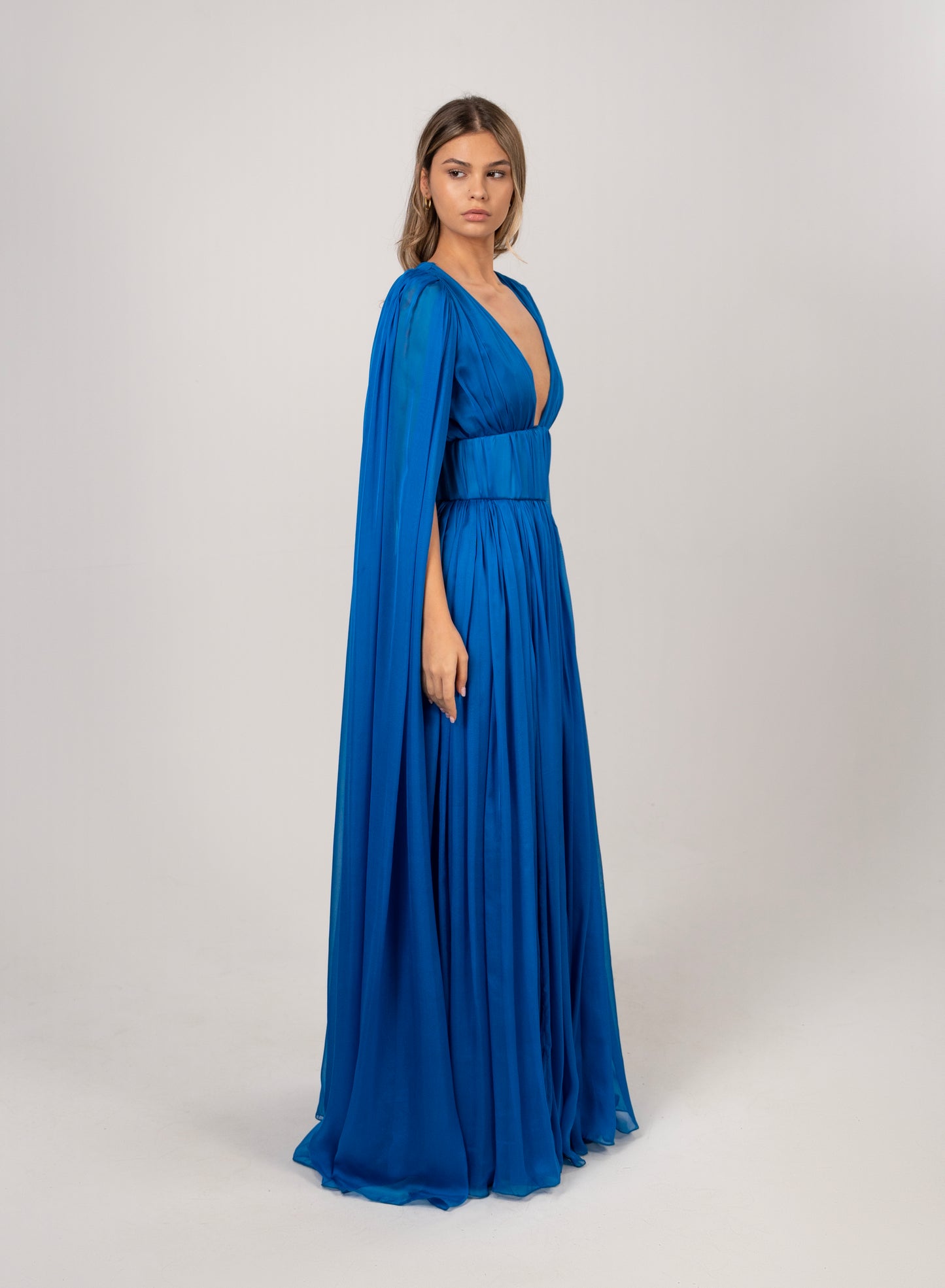 TURQUOISE BELTED CHIFFON GOWN