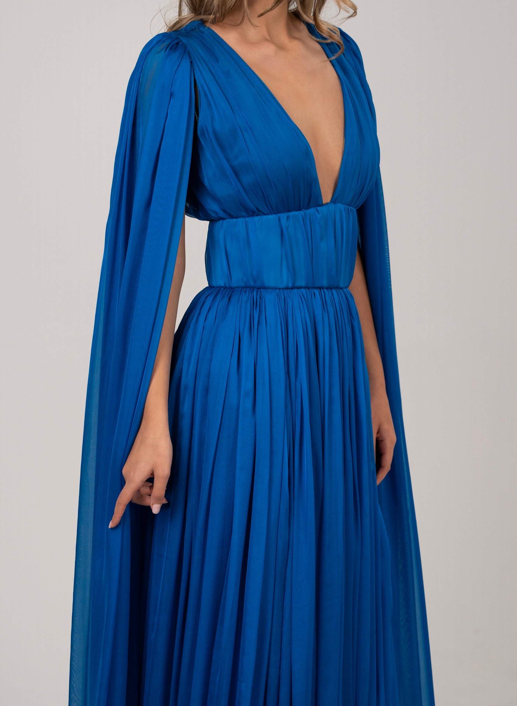 TURQUOISE BELTED CHIFFON GOWN