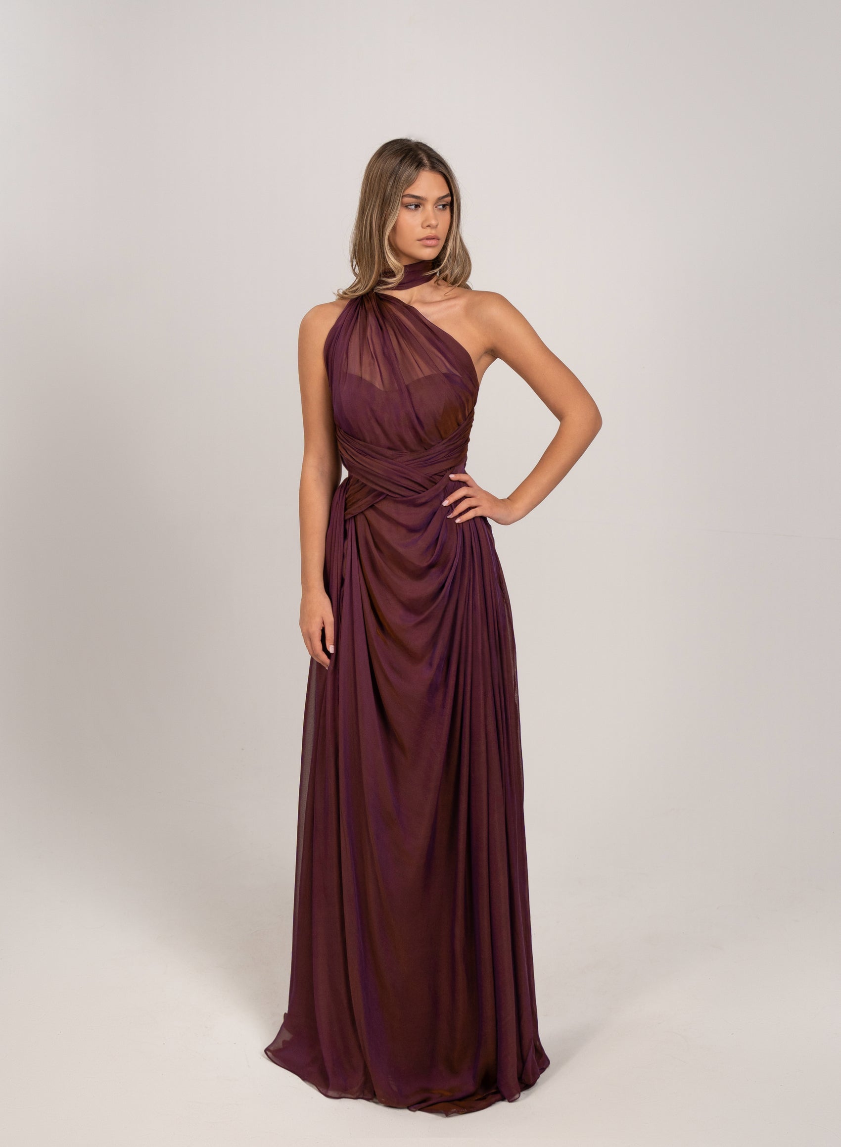 BURGUNDY-GOLD DRAPED GOWN