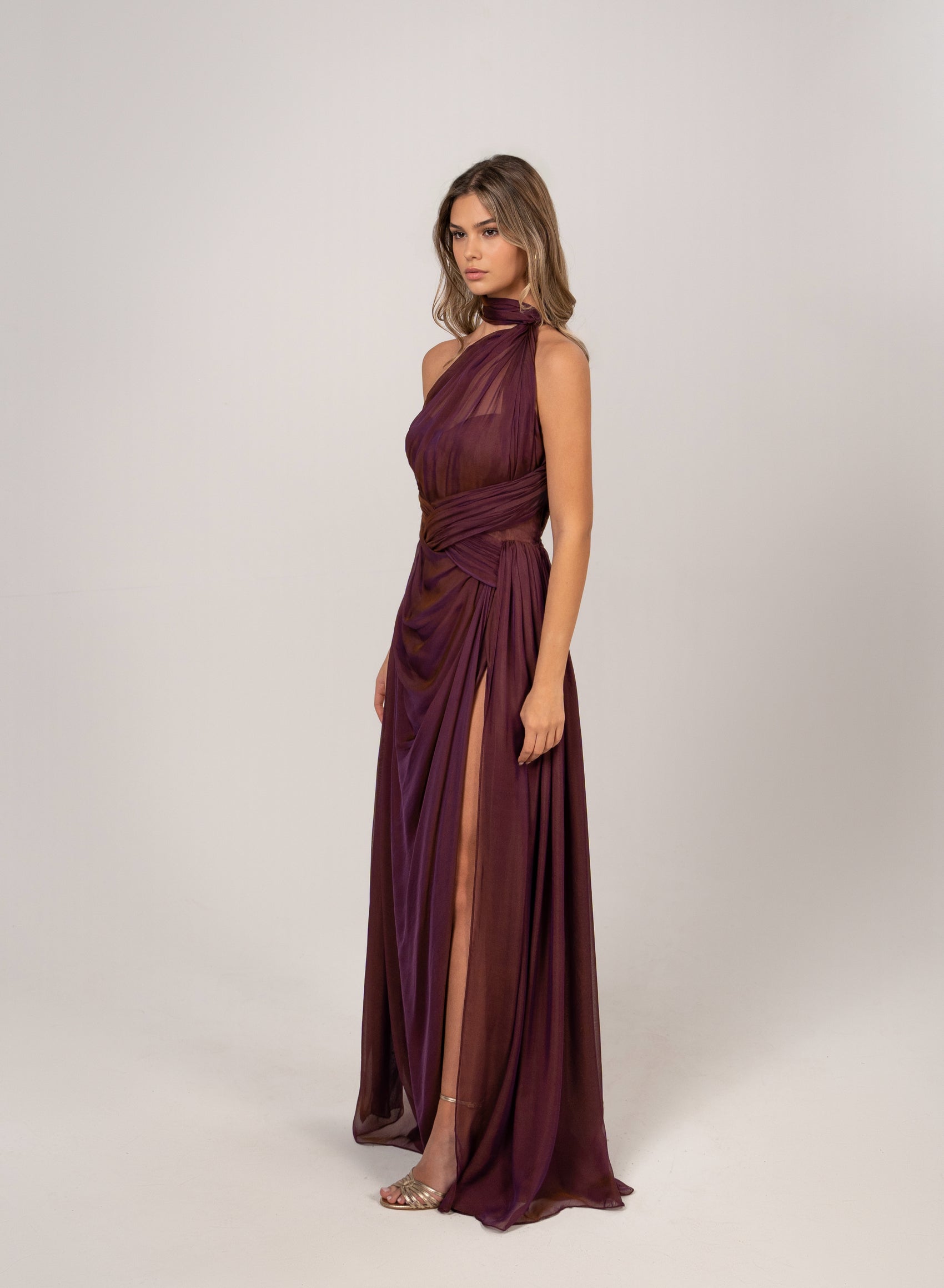 BURGUNDY-GOLD DRAPED GOWN