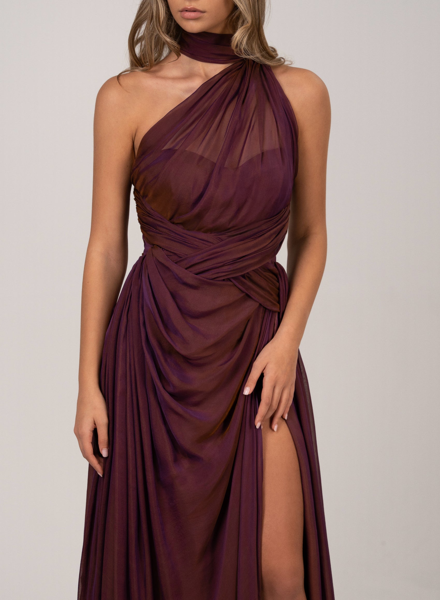 BURGUNDY-GOLD DRAPED GOWN