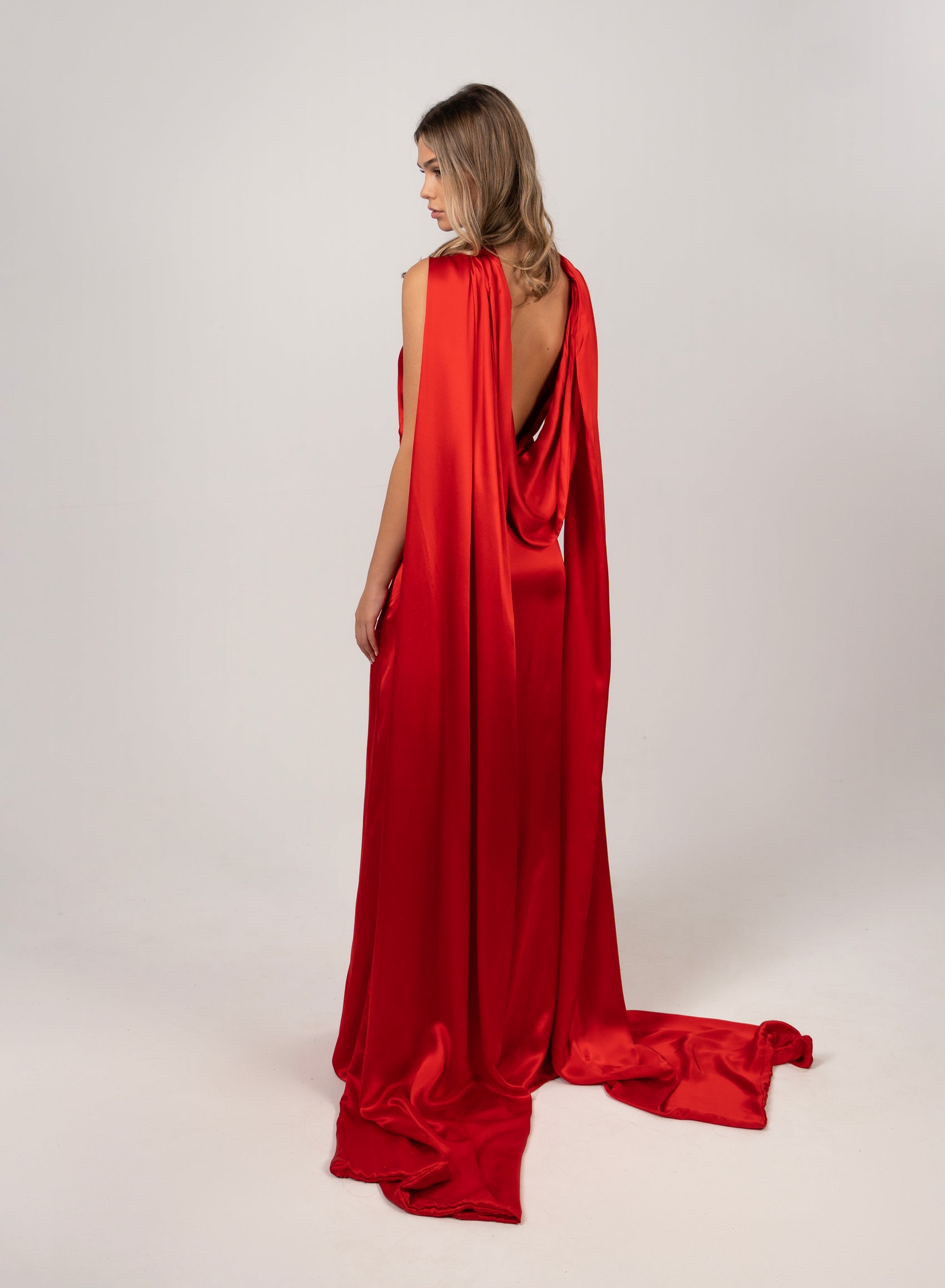 BRIGHT RED CHARMEUSE SILK GOWN