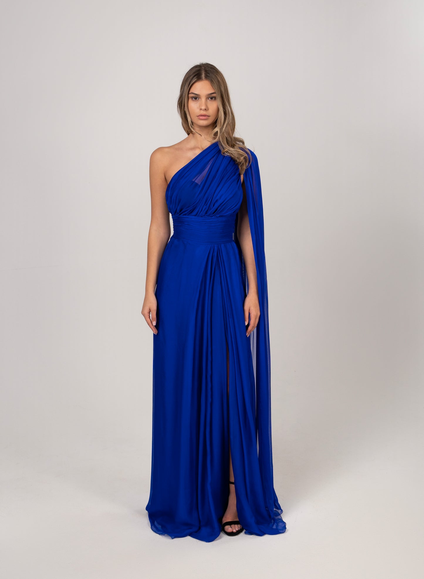 ROYAL ONE-SHOULDER CAPE DRESS