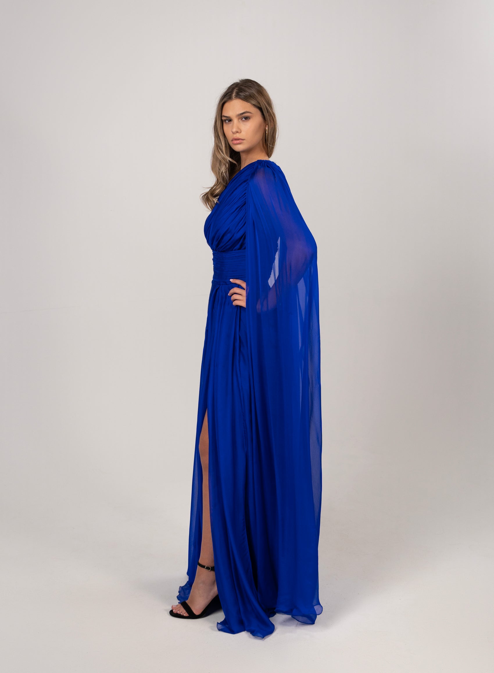 ROYAL ONE-SHOULDER CAPE DRESS