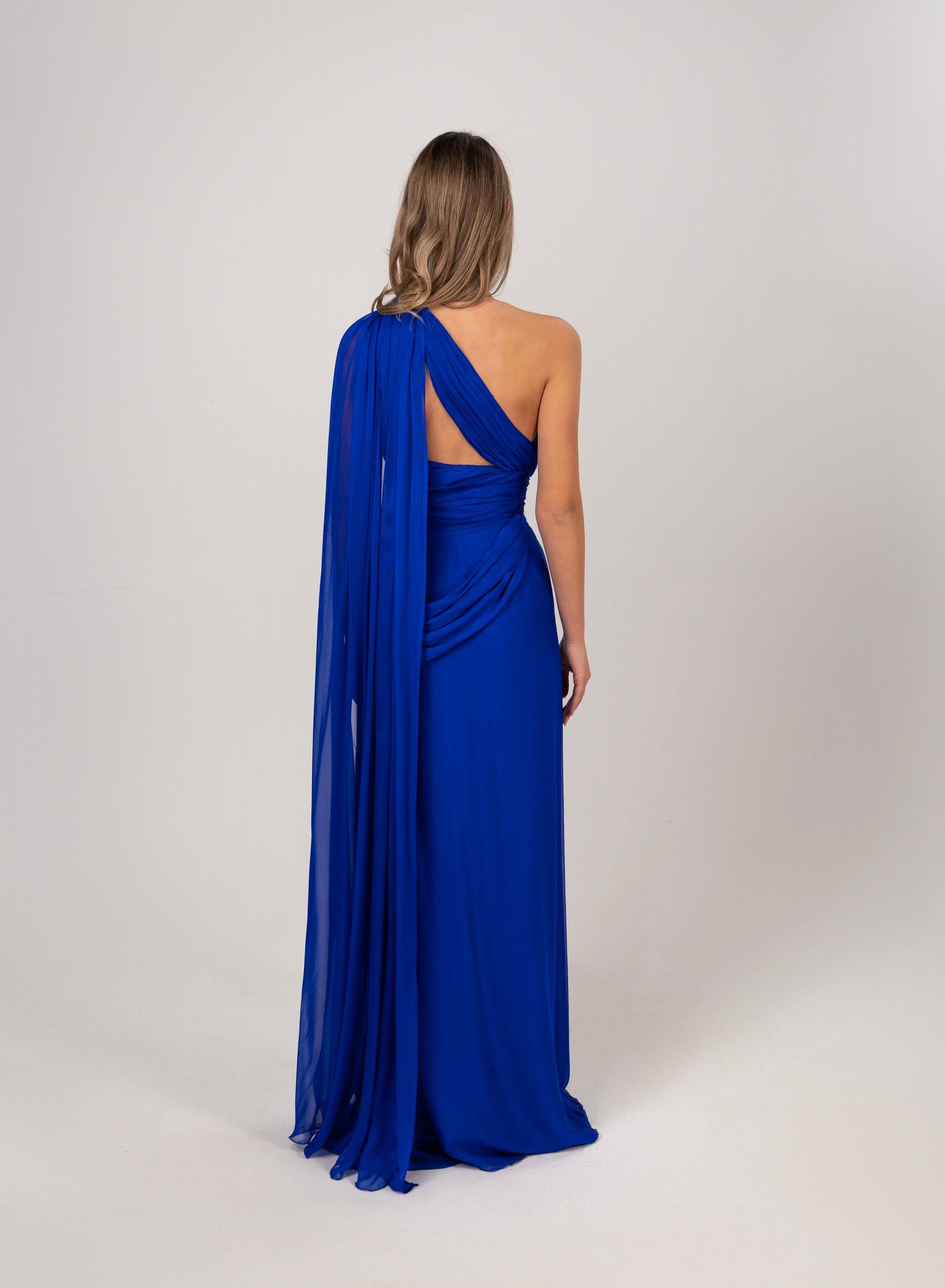 ROYAL ONE-SHOULDER CAPE DRESS