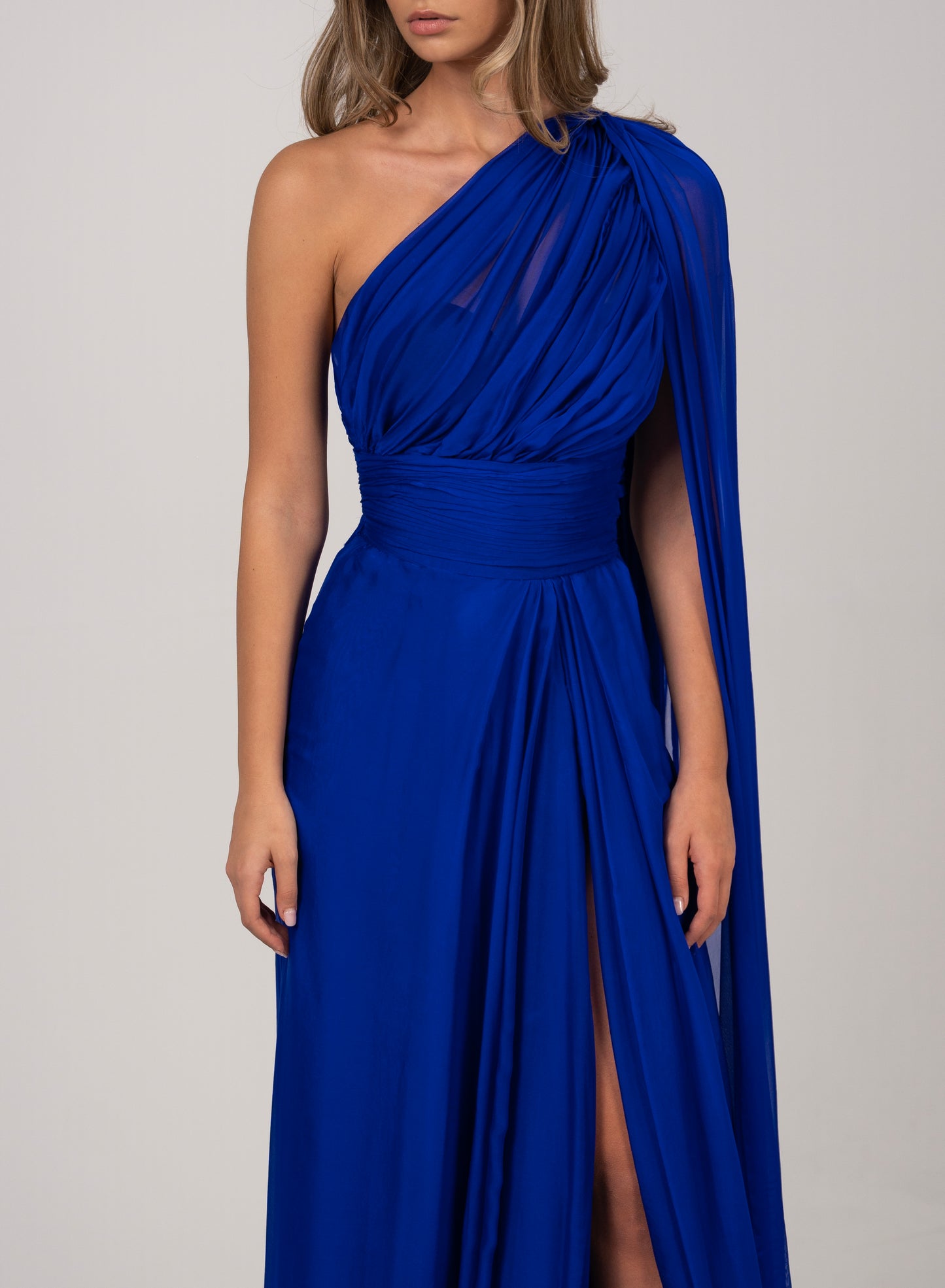 ROYAL ONE-SHOULDER CAPE DRESS