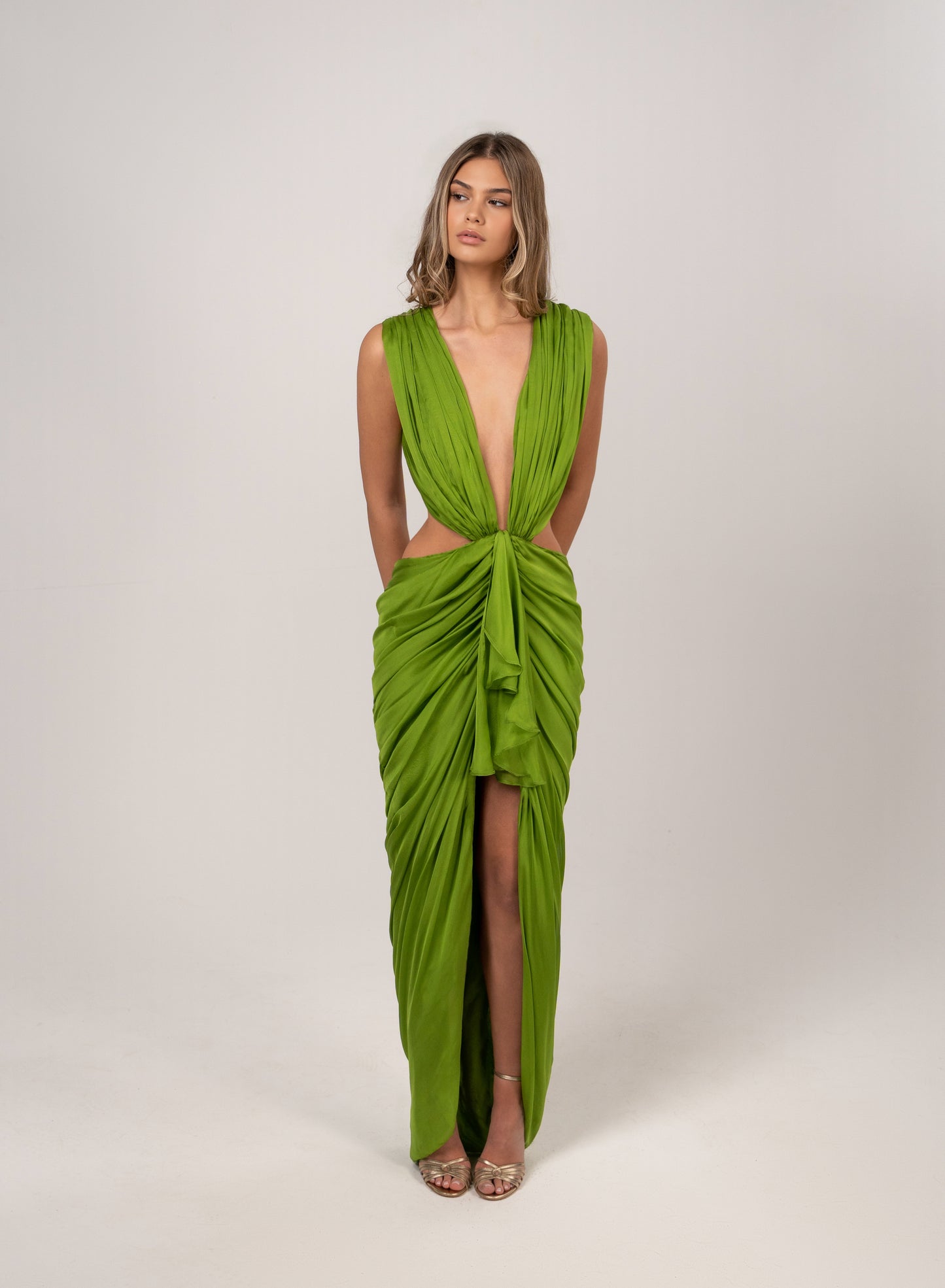 OLIVE GREEN DRAPED GOWN