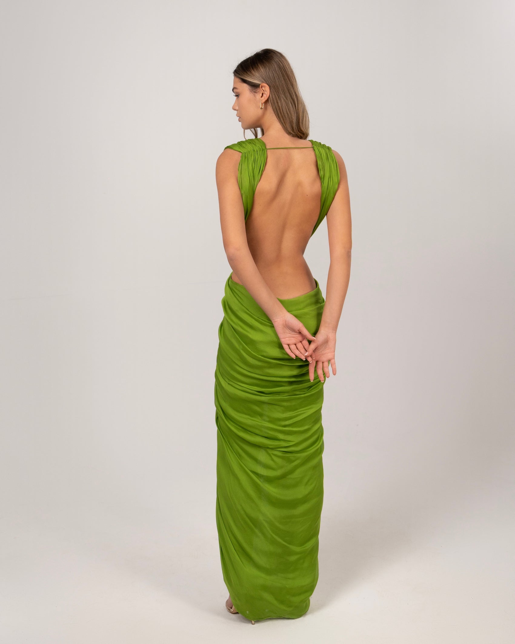 OLIVE GREEN DRAPED GOWN