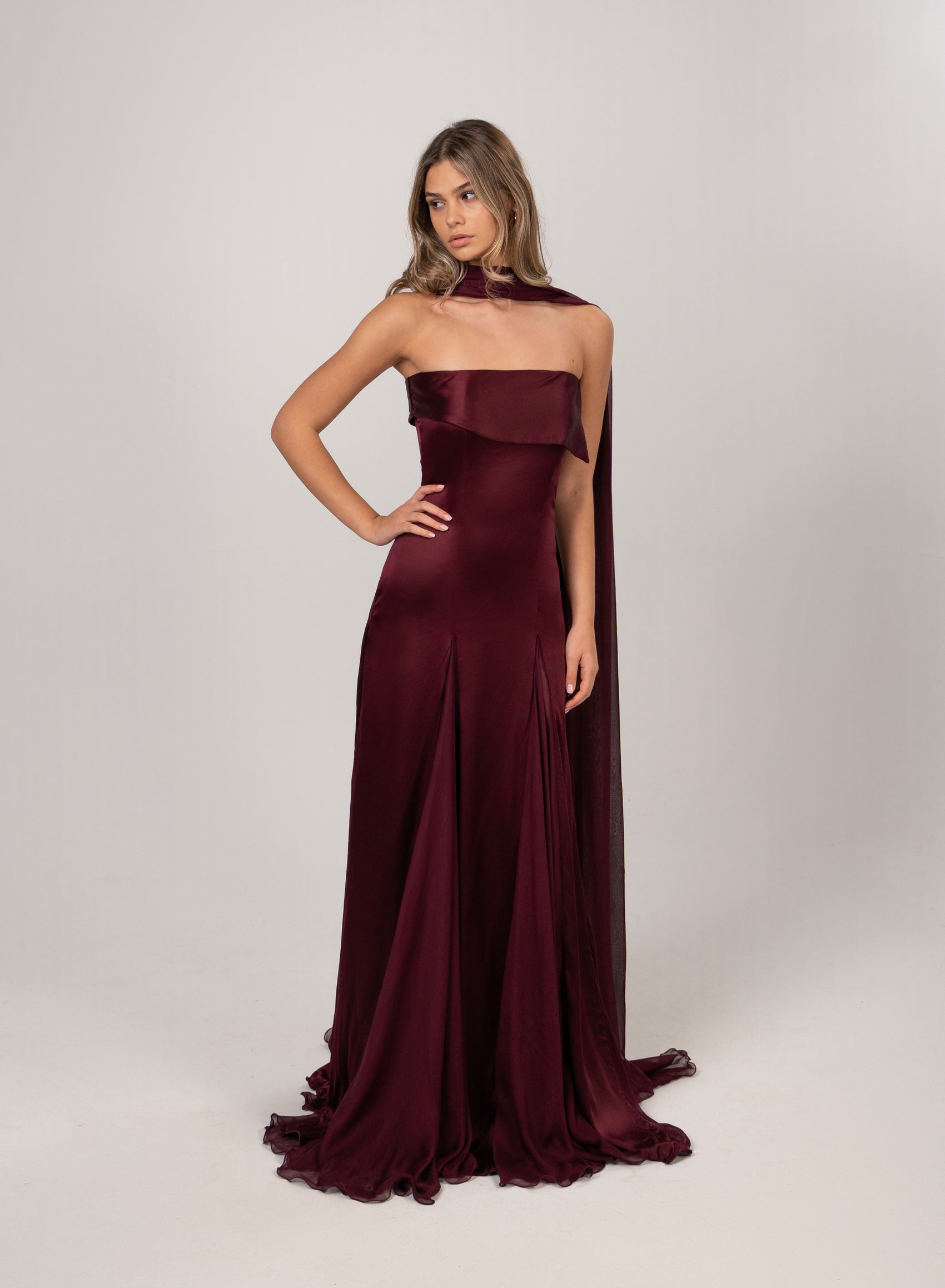 BURGUNDY CURTAIN-DETAIL GOWN