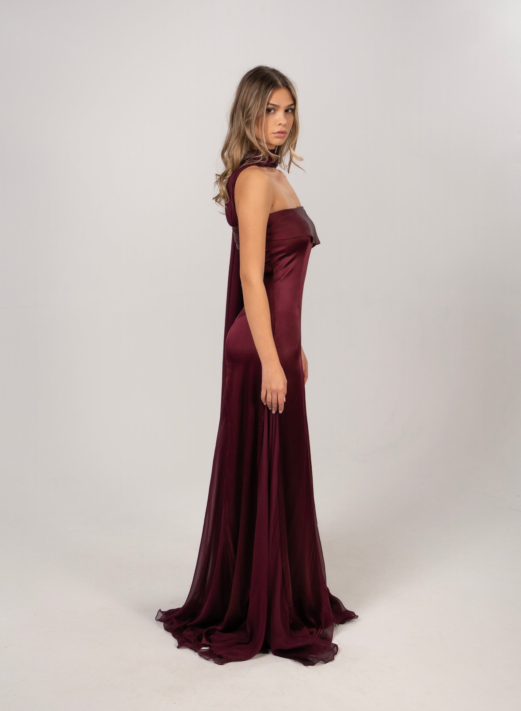 BURGUNDY CURTAIN-DETAIL GOWN