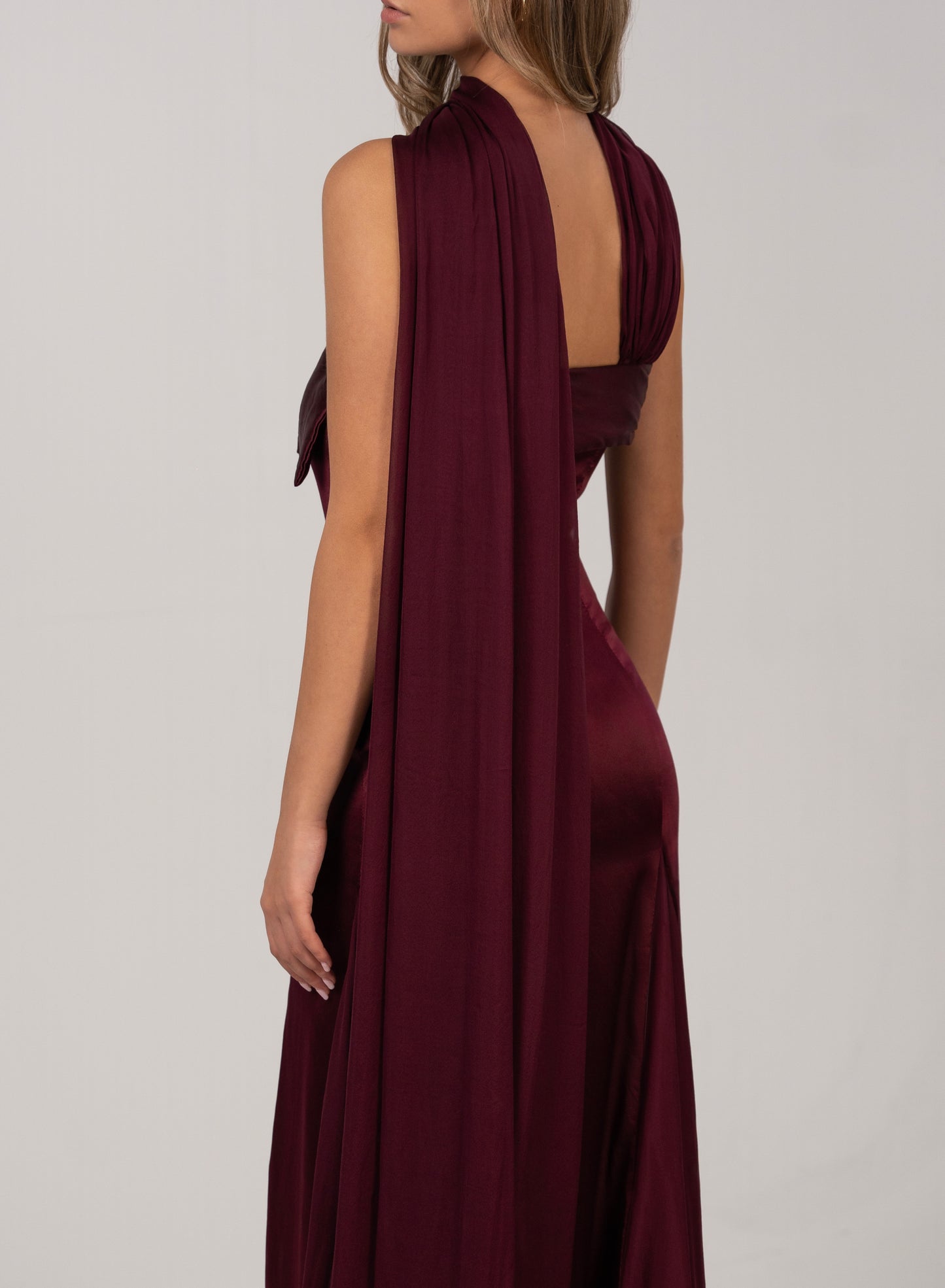 BURGUNDY CURTAIN-DETAIL GOWN