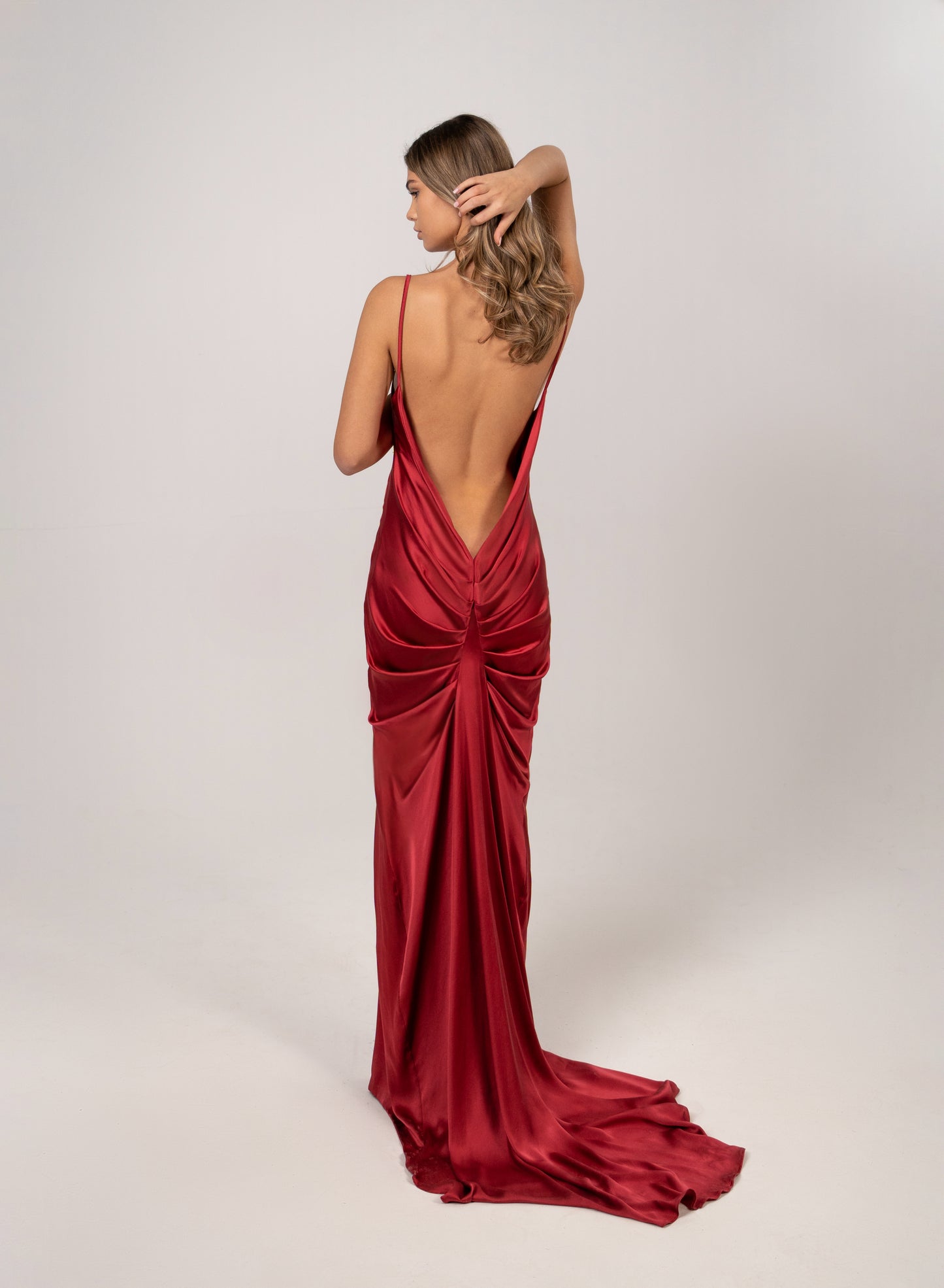 BURNED RED DRAPED GOWN