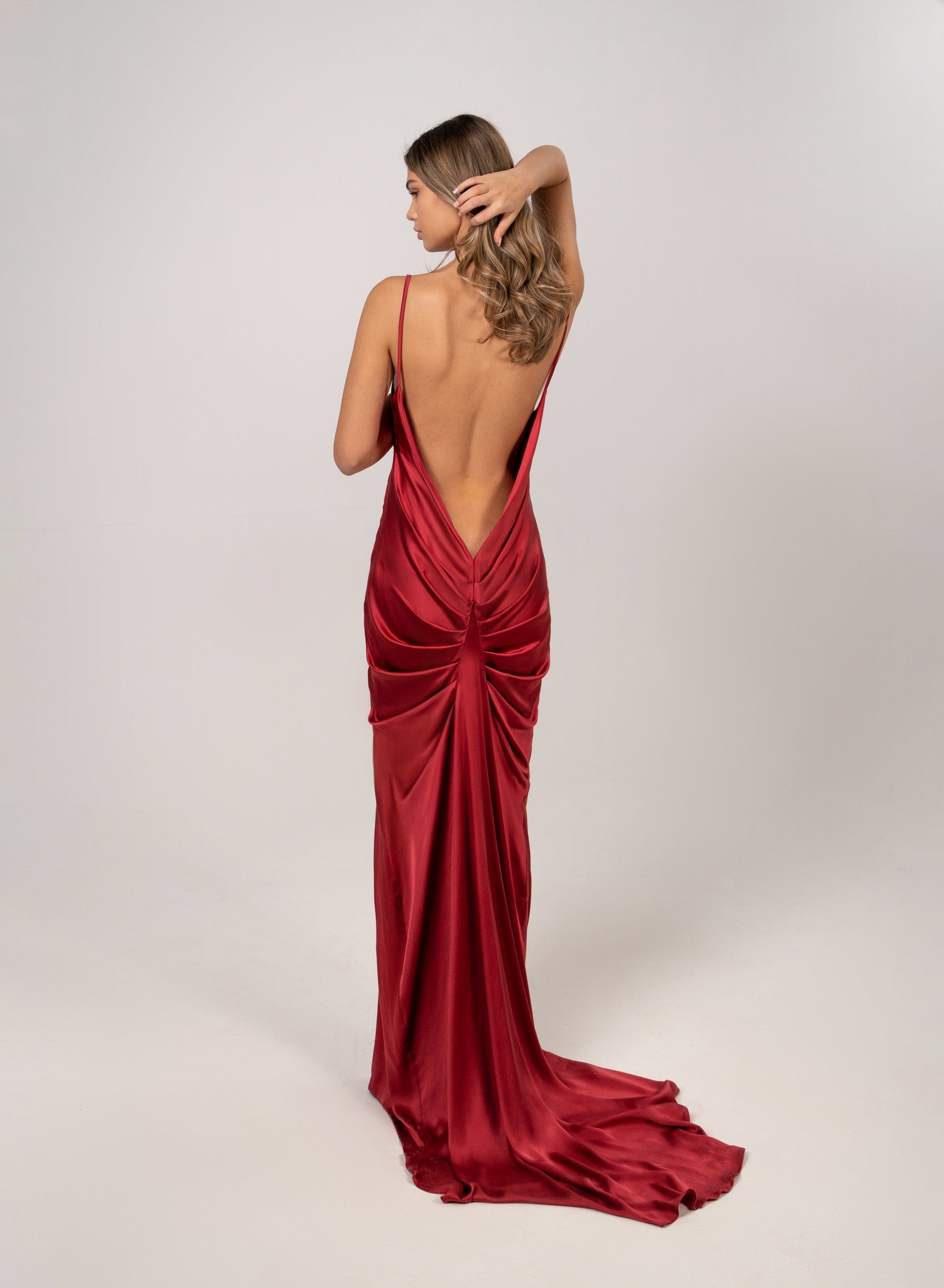 BURNED RED DRAPED GOWN