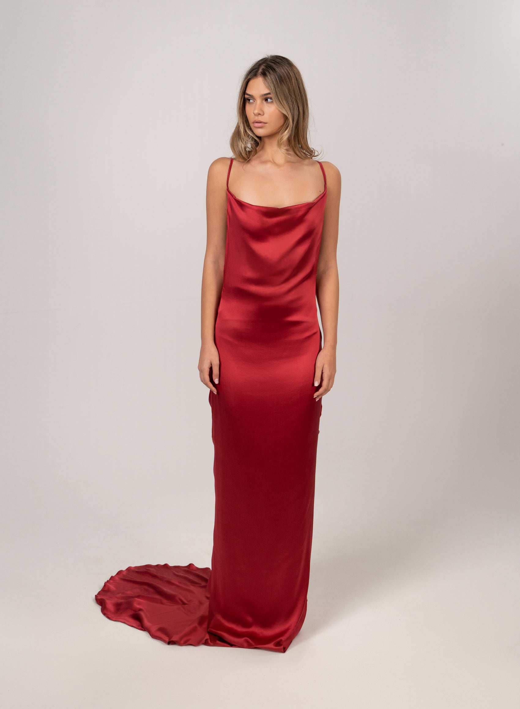 BURNED RED DRAPED GOWN