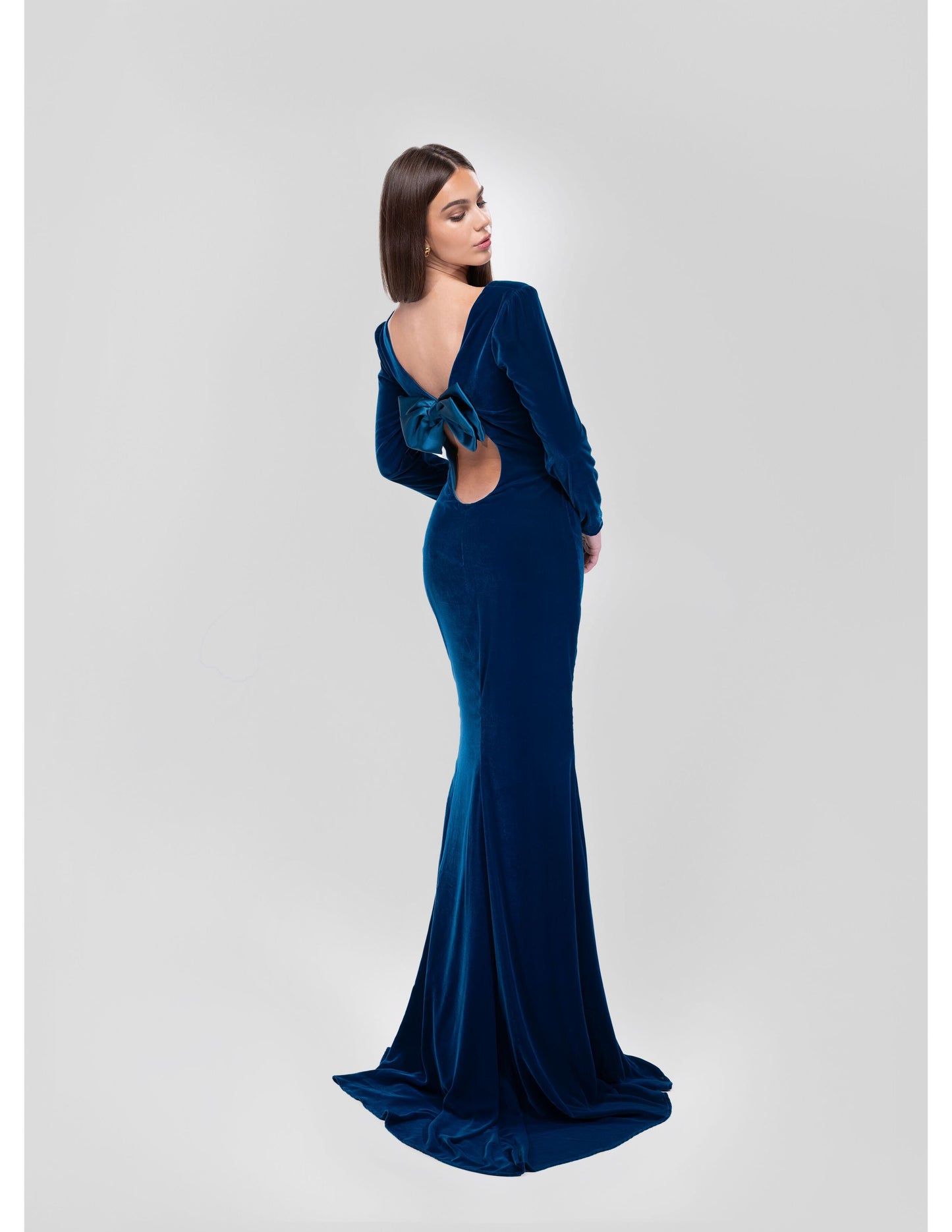 TEAL VELVET GOWN WITH BOW BACK