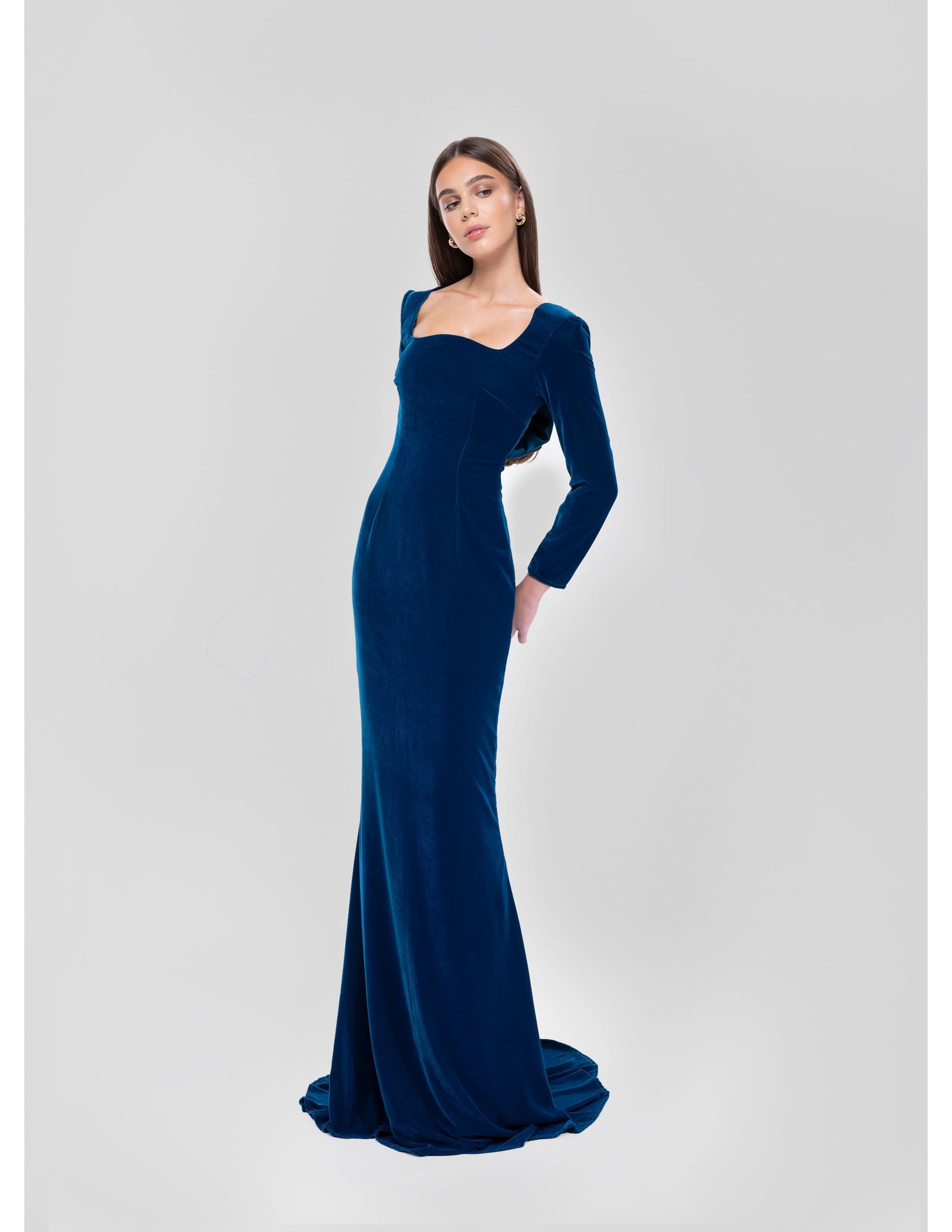 TEAL VELVET GOWN WITH BOW BACK