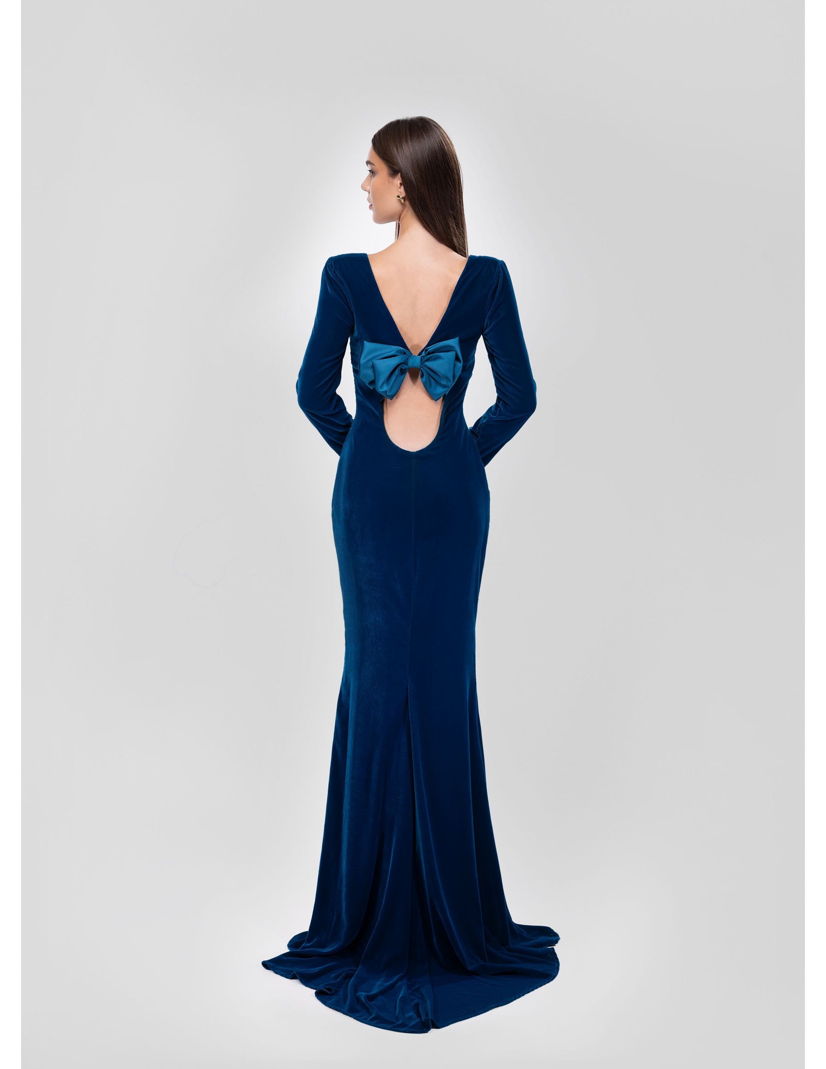 TEAL VELVET GOWN WITH BOW BACK