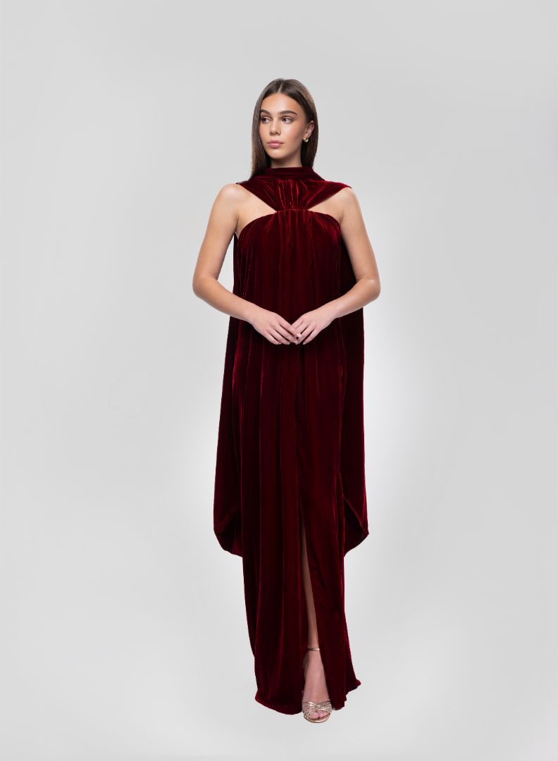 BURGUNDY VELVET CAPE DRESS