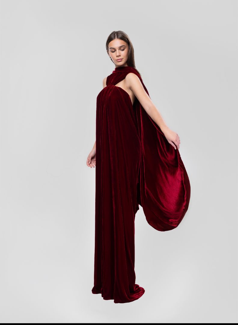 BURGUNDY VELVET CAPE DRESS