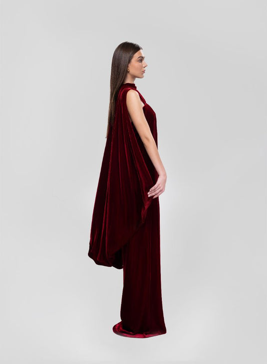 BURGUNDY VELVET CAPE DRESS