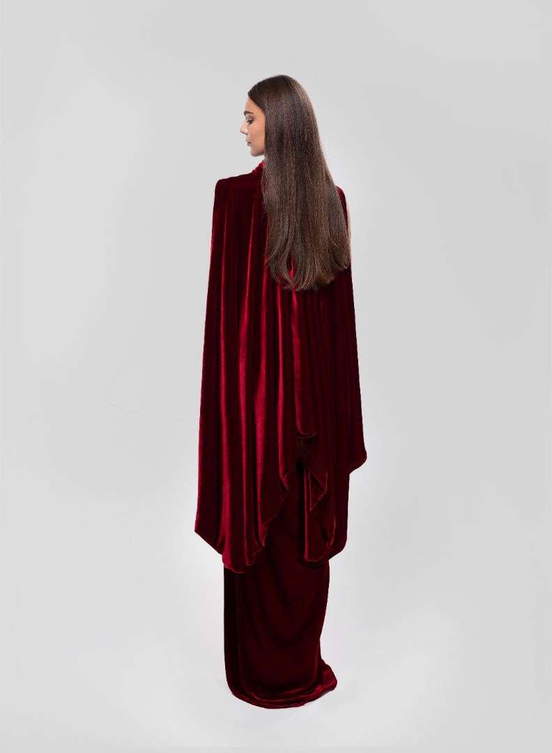 BURGUNDY VELVET CAPE DRESS
