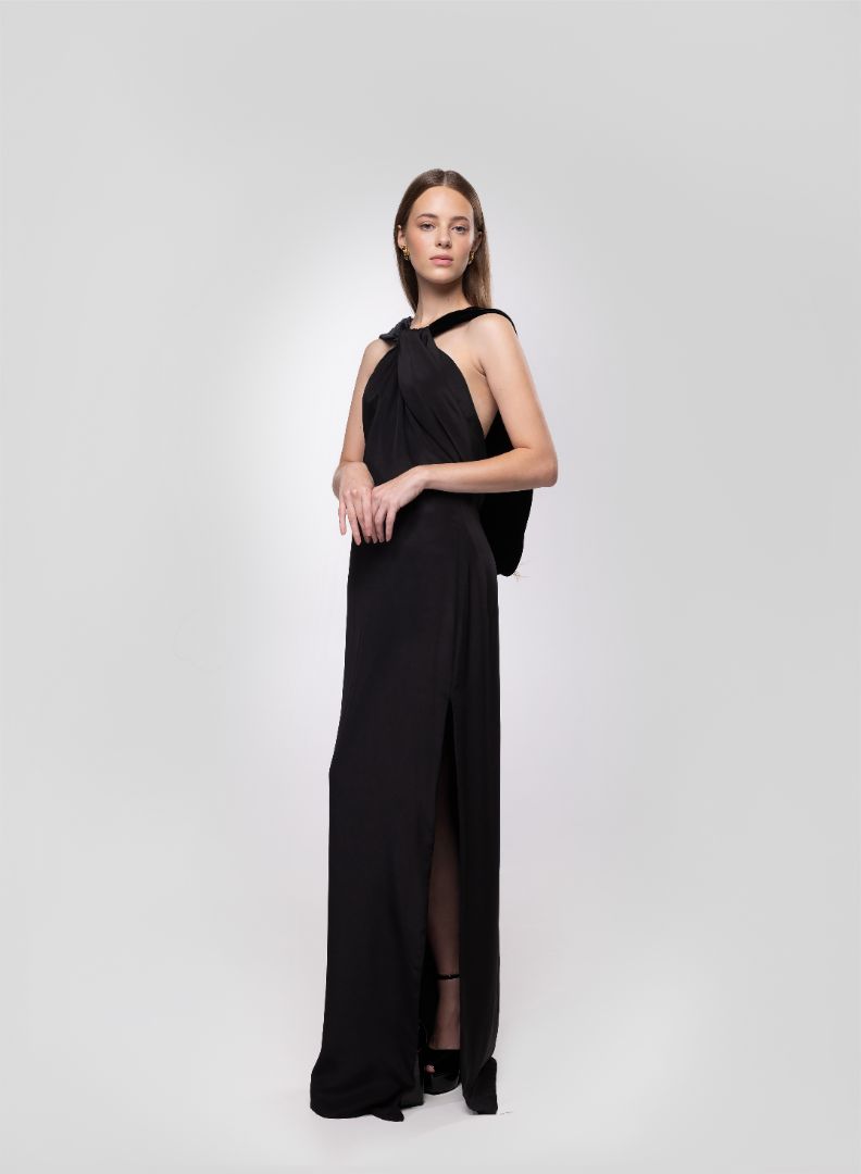 BLACK GOWN WITH VELVET COWL
