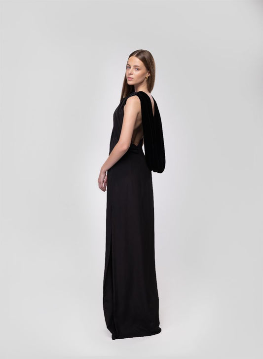 BLACK GOWN WITH VELVET COWL