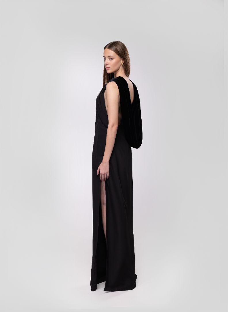BLACK GOWN WITH VELVET COWL