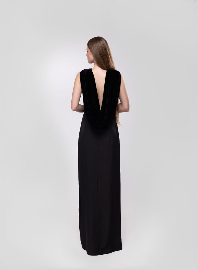 BLACK GOWN WITH VELVET COWL