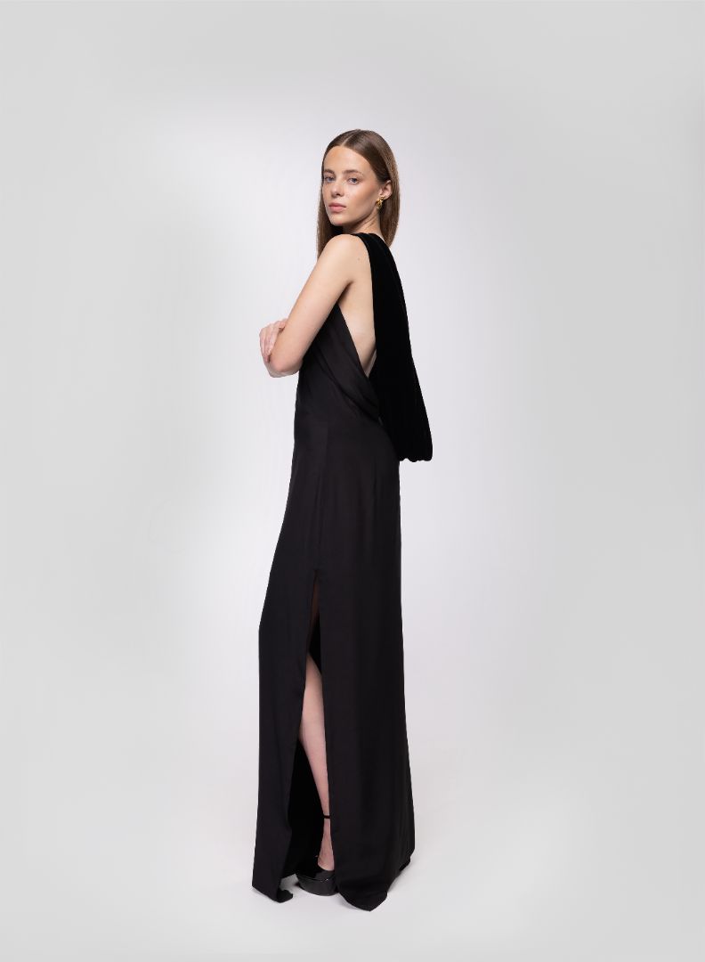 BLACK GOWN WITH VELVET COWL