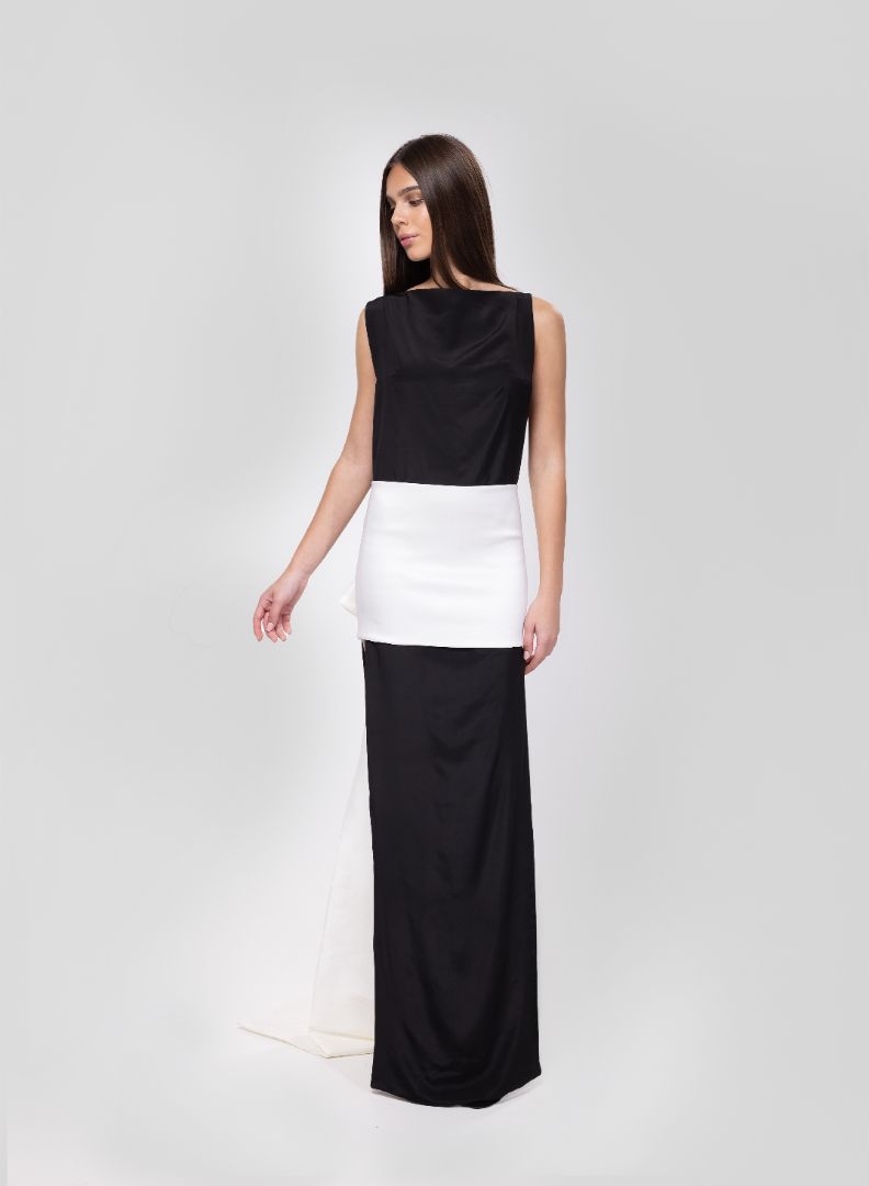 BLACK GOWN WITH TAFFETA TRAIL SKIRT