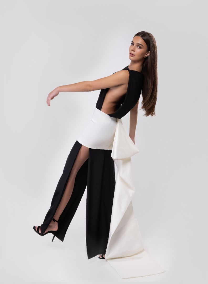 BLACK GOWN WITH TAFFETA TRAIL SKIRT